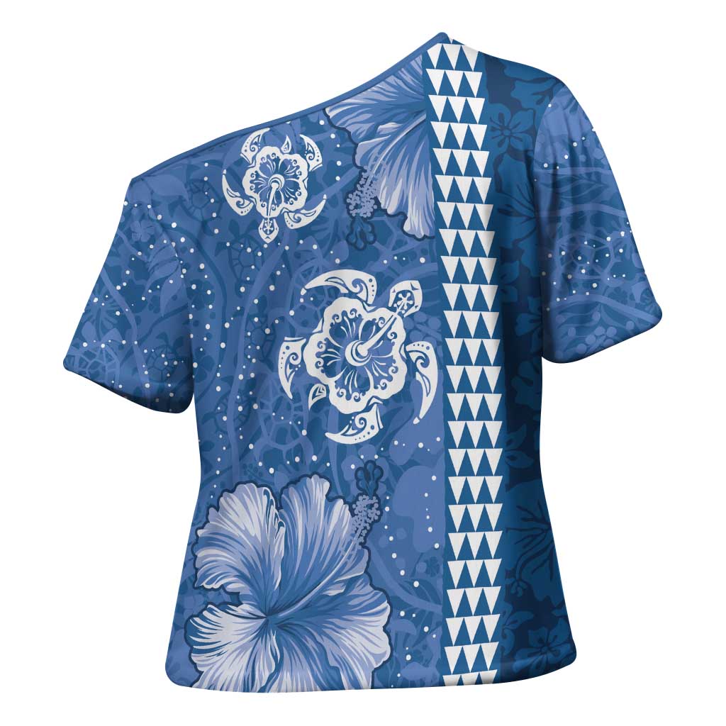 Blue Hibiscus Turle Cross Shoulder Shirt Hawaiian Style Tribal Tapa Pattern LT9 - Polynesian Pride