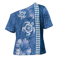 Blue Hibiscus Turle Cross Shoulder Shirt Hawaiian Style Tribal Tapa Pattern LT9 - Polynesian Pride