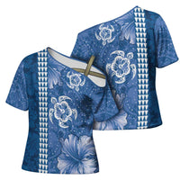 Blue Hibiscus Turle Cross Shoulder Shirt Hawaiian Style Tribal Tapa Pattern LT9 - Polynesian Pride