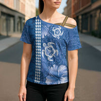 Blue Hibiscus Turle Cross Shoulder Shirt Hawaiian Style Tribal Tapa Pattern LT9 - Polynesian Pride