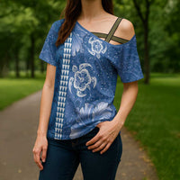 Blue Hibiscus Turle Cross Shoulder Shirt Hawaiian Style Tribal Tapa Pattern LT9 - Polynesian Pride