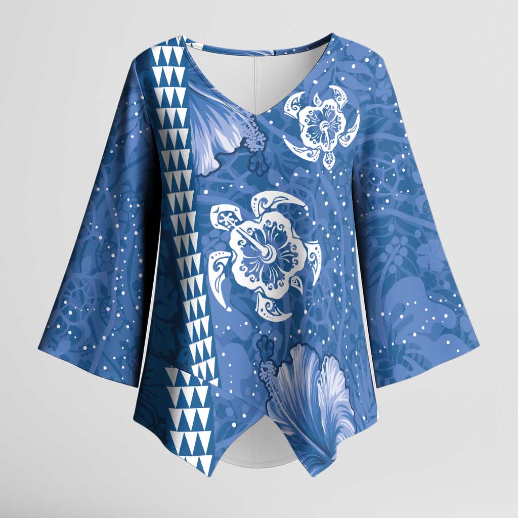 Blue Hibiscus Turle Kimono Sleeve Blouse Hawaiian Style Tribal Tapa Pattern LT9 Female Blue - Polynesian Pride