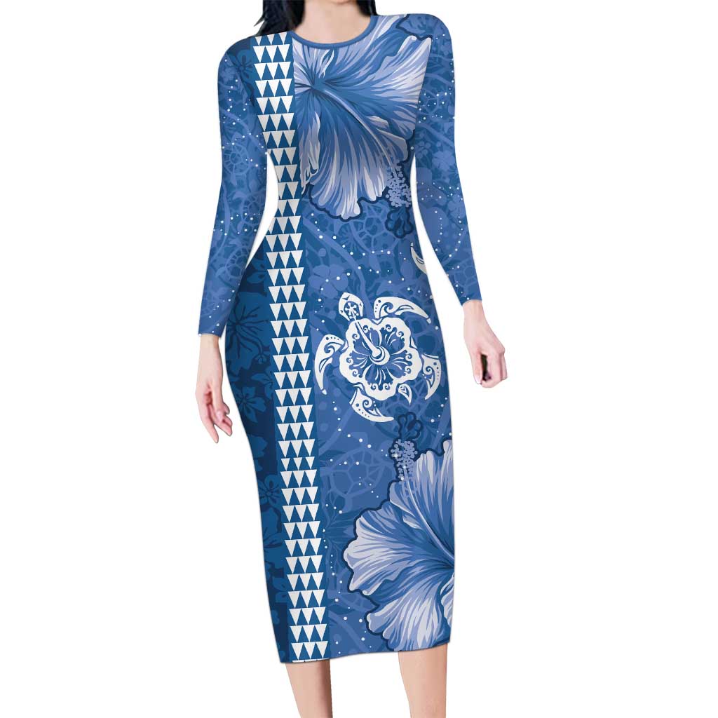 Blue Hibiscus Turle Long Sleeve Bodycon Dress Hawaiian Style Tribal Tapa Pattern LT9 Long Dress Blue - Polynesian Pride