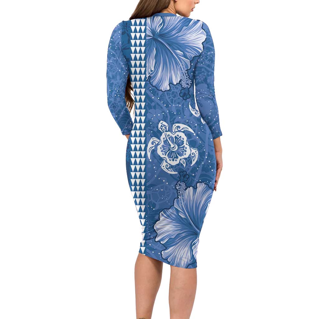 Blue Hibiscus Turle Long Sleeve Bodycon Dress Hawaiian Style Tribal Tapa Pattern LT9 - Polynesian Pride
