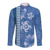 Blue Hibiscus Turle Long Sleeve Button Shirt Hawaiian Style Tribal Tapa Pattern LT9 Unisex Blue - Polynesian Pride