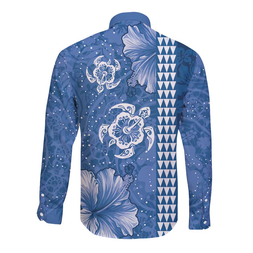 Blue Hibiscus Turle Long Sleeve Button Shirt Hawaiian Style Tribal Tapa Pattern LT9 - Polynesian Pride