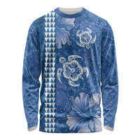 Blue Hibiscus Turle Long Sleeve Shirt Hawaiian Style Tribal Tapa Pattern LT9 Unisex Blue - Polynesian Pride