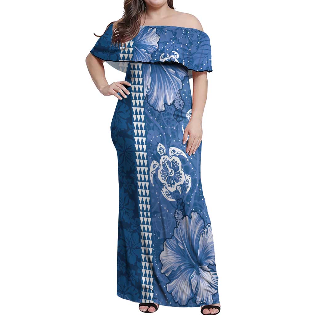 Blue Hibiscus Turle Off Shoulder Maxi Dress Hawaiian Style Tribal Tapa Pattern LT9 Women Blue - Polynesian Pride
