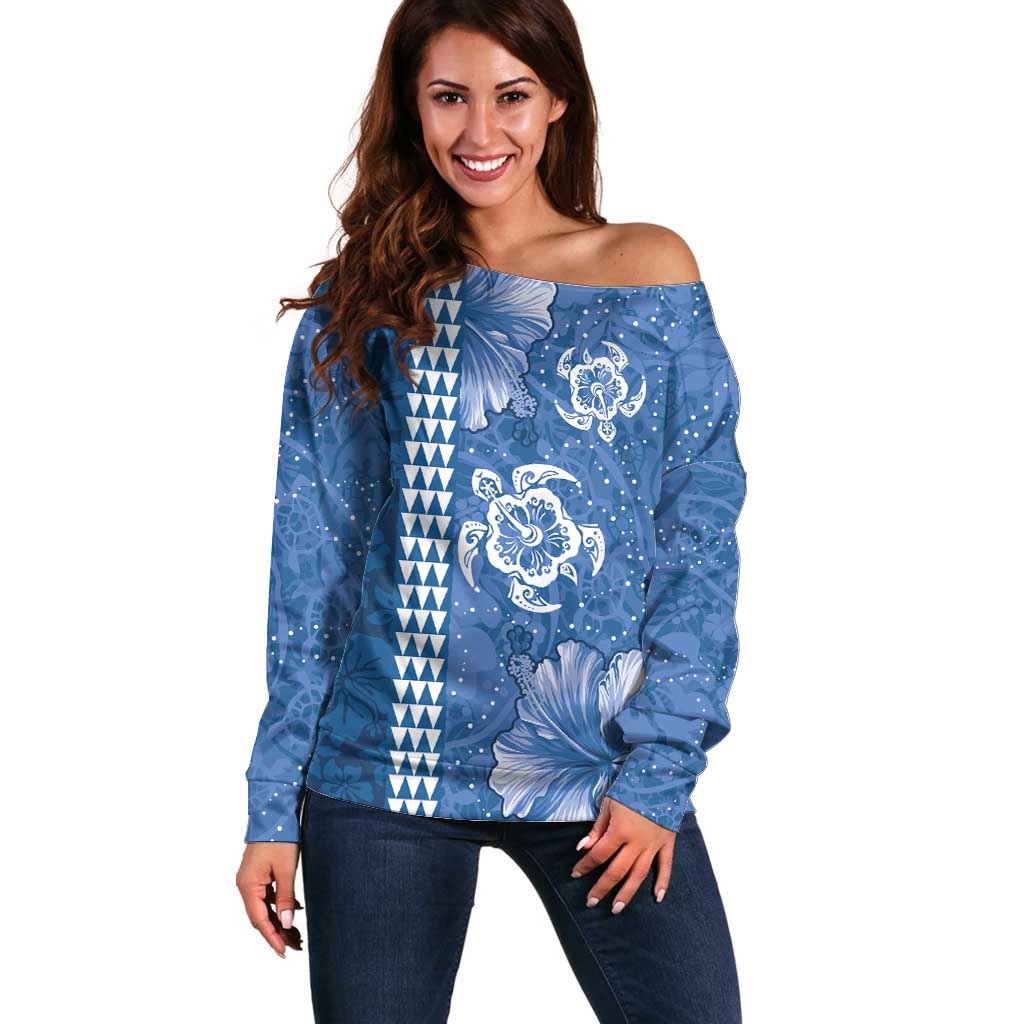 Blue Hibiscus Turle Off Shoulder Sweater Hawaiian Style Tribal Tapa Pattern LT9 Women Blue - Polynesian Pride