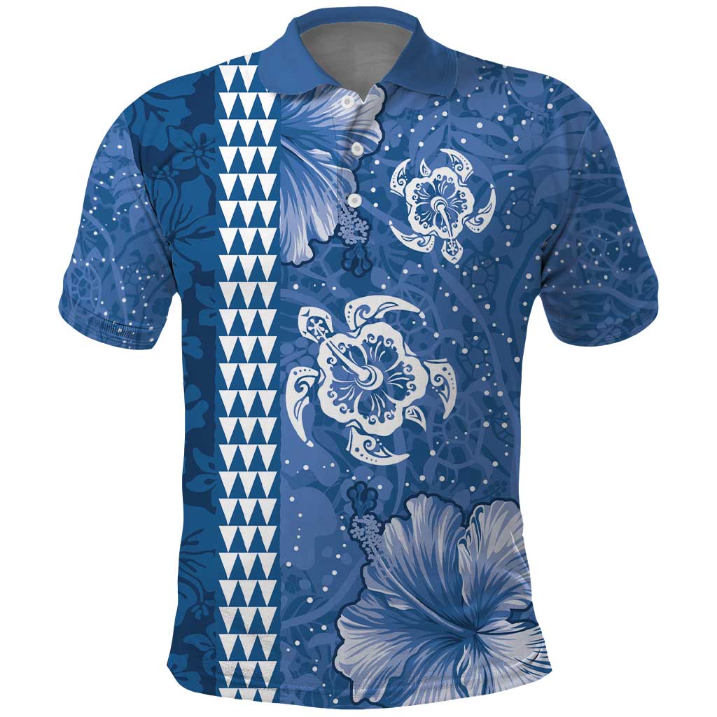 Blue Hibiscus Turle Polo Shirt Hawaiian Style Tribal Tapa Pattern LT9 Blue - Polynesian Pride