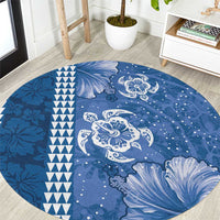 Blue Hibiscus Turle Round Carpet Hawaiian Style Tribal Tapa Pattern LT9 Blue - Polynesian Pride