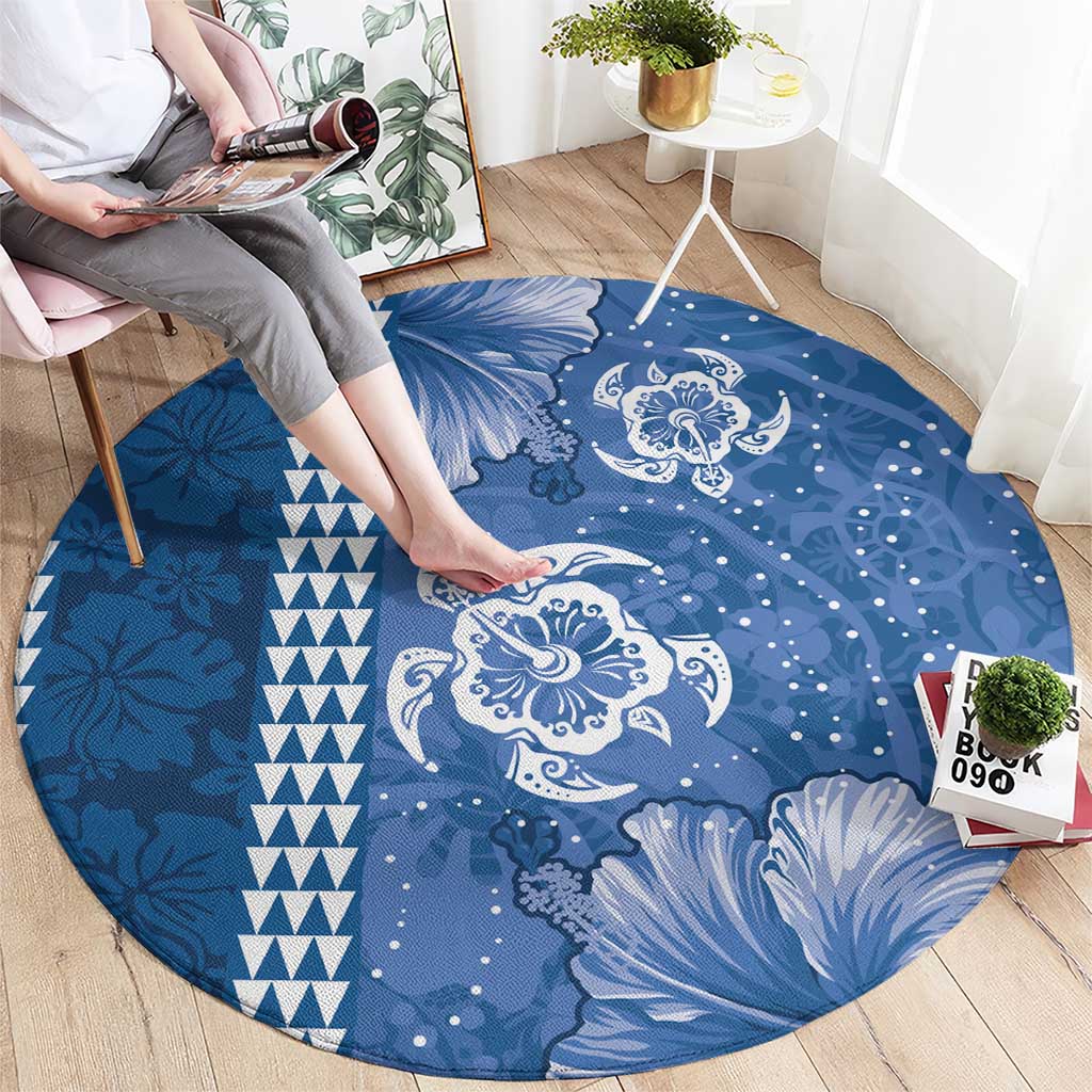 Blue Hibiscus Turle Round Carpet Hawaiian Style Tribal Tapa Pattern LT9 - Polynesian Pride