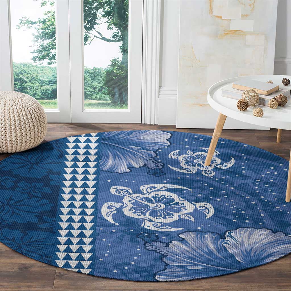Blue Hibiscus Turle Round Carpet Hawaiian Style Tribal Tapa Pattern LT9 - Polynesian Pride