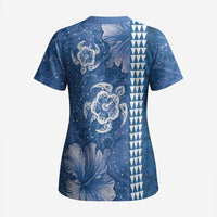 Blue Hibiscus Turle Scrub Top Hawaiian Style Tribal Tapa Pattern LT9 - Polynesian Pride