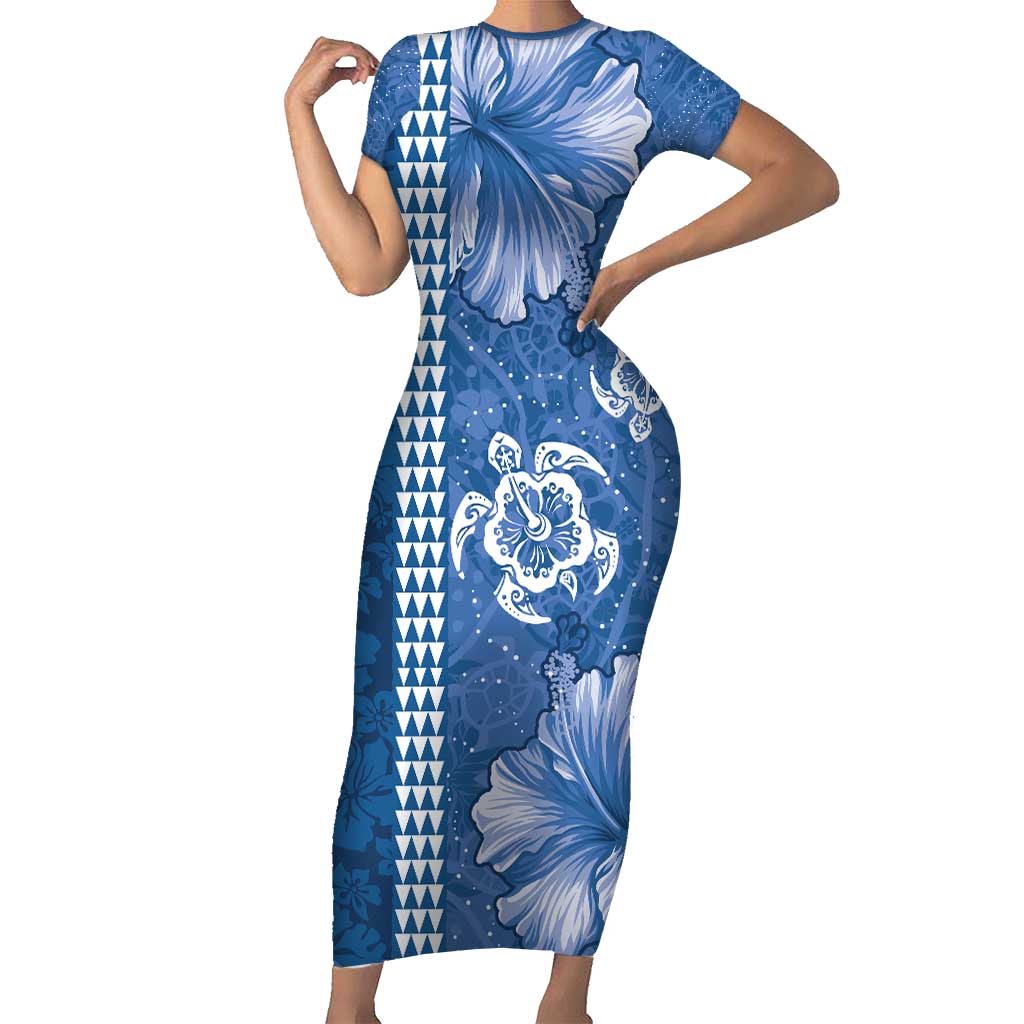 Blue Hibiscus Turle Short Sleeve Bodycon Dress Hawaiian Style Tribal Tapa Pattern LT9 Long Dress Blue - Polynesian Pride