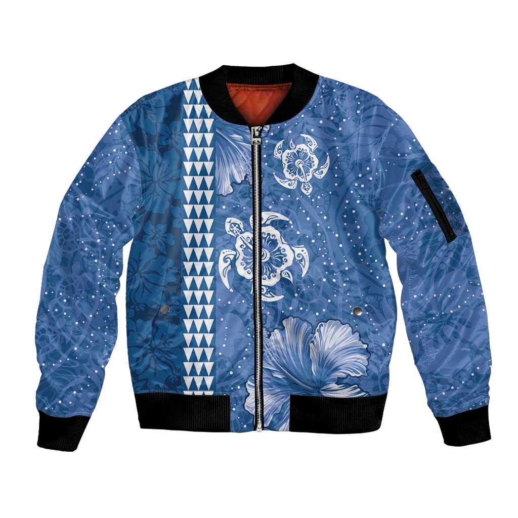 Blue Hibiscus Turle Sleeve Zip Bomber Jacket Hawaiian Style Tribal Tapa Pattern LT9 Unisex Blue - Polynesian Pride