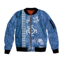 Blue Hibiscus Turle Sleeve Zip Bomber Jacket Hawaiian Style Tribal Tapa Pattern LT9 Unisex Blue - Polynesian Pride