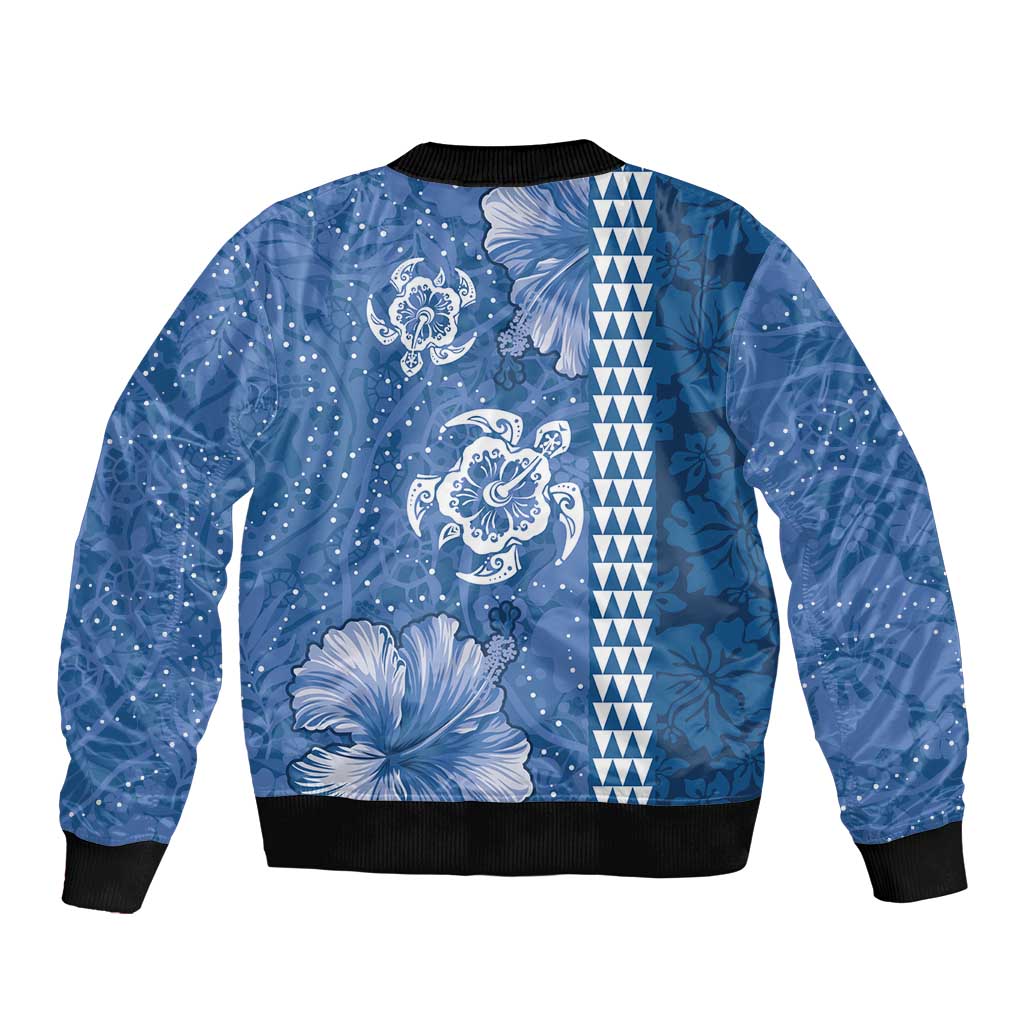 Blue Hibiscus Turle Sleeve Zip Bomber Jacket Hawaiian Style Tribal Tapa Pattern LT9 - Polynesian Pride