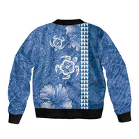 Blue Hibiscus Turle Sleeve Zip Bomber Jacket Hawaiian Style Tribal Tapa Pattern LT9 - Polynesian Pride