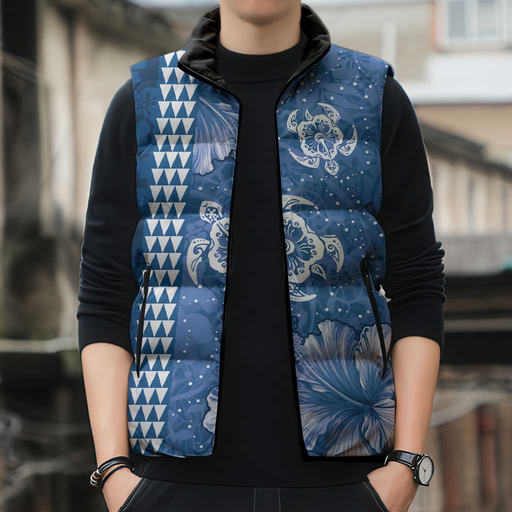 Blue Hibiscus Turle Sleeveless Puffer Jacket Hawaiian Style Tribal Tapa Pattern LT9 - Polynesian Pride