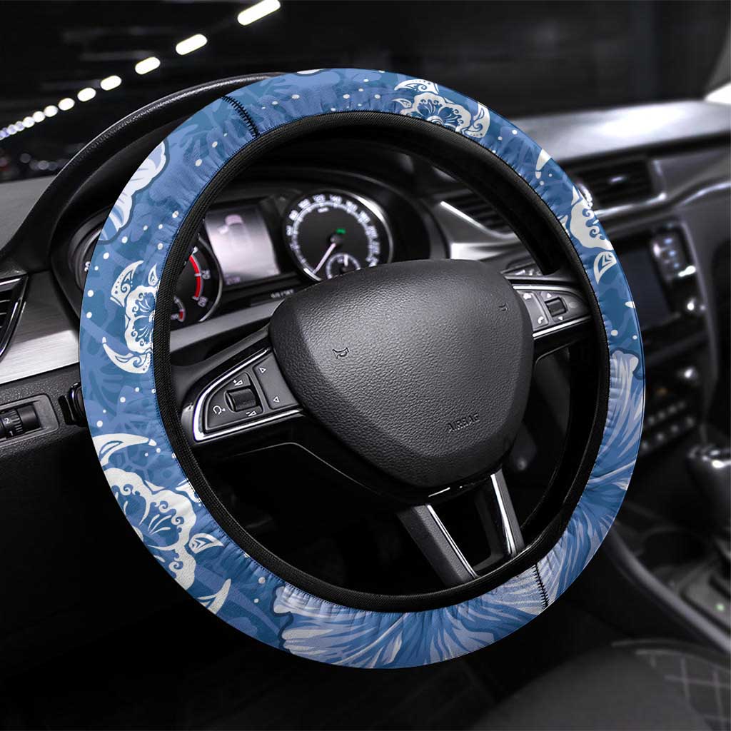Blue Hibiscus Turle Steering Wheel Cover Hawaiian Style Tribal Tapa Pattern LT9 Universal Fit Blue - Polynesian Pride