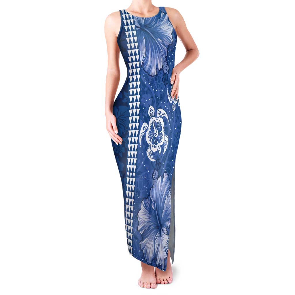 Blue Hibiscus Turle Tank Maxi Dress Hawaiian Style Tribal Tapa Pattern LT9 Women Blue - Polynesian Pride