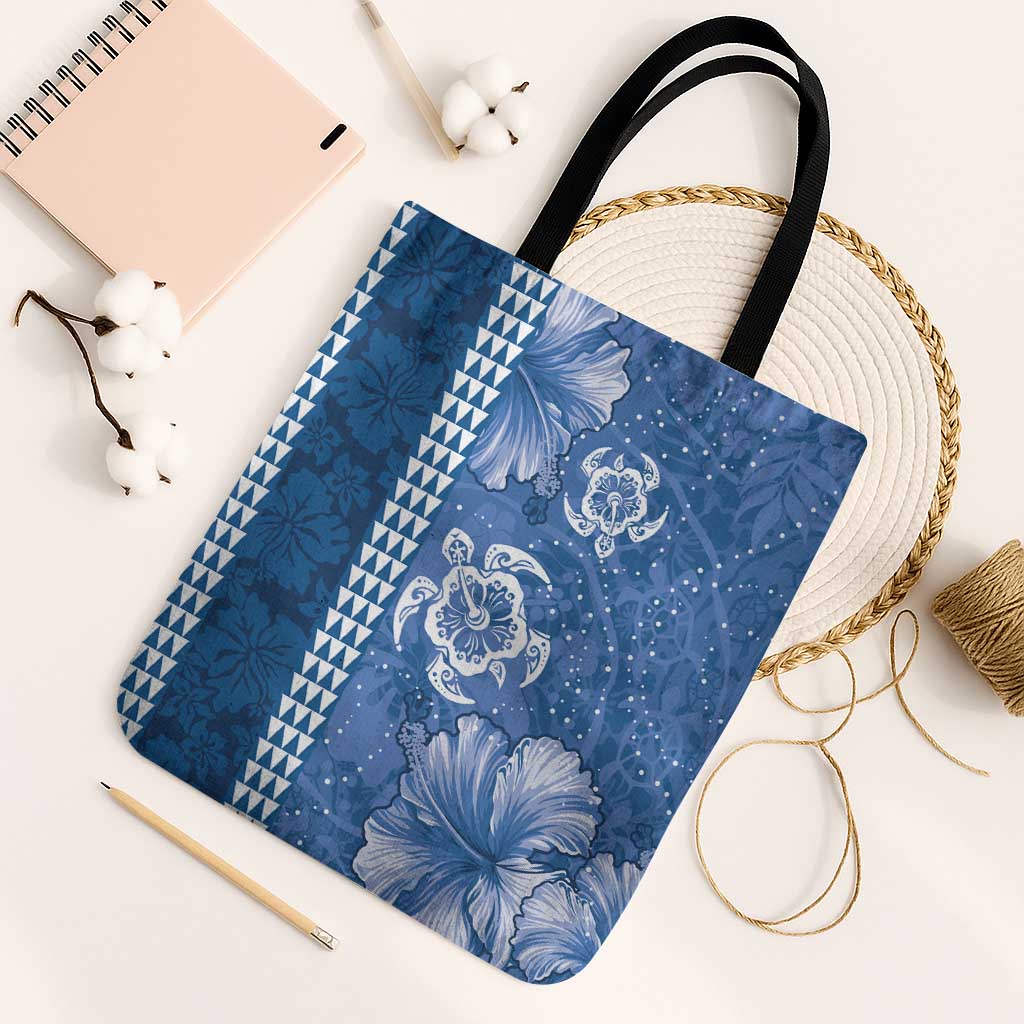 Blue Hibiscus Turle Tote Bag Hawaiian Style Tribal Tapa Pattern LT9 Black Strap One Size Blue - Polynesian Pride