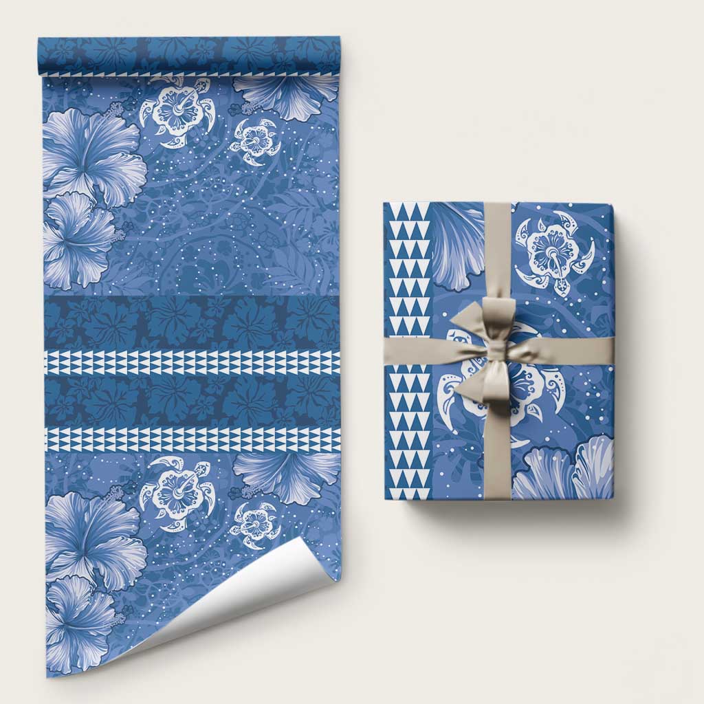 Blue Hibiscus Turle Wrapping Paper Hawaiian Style Tribal Tapa Pattern LT9 58" × 23" Blue - Polynesian Pride