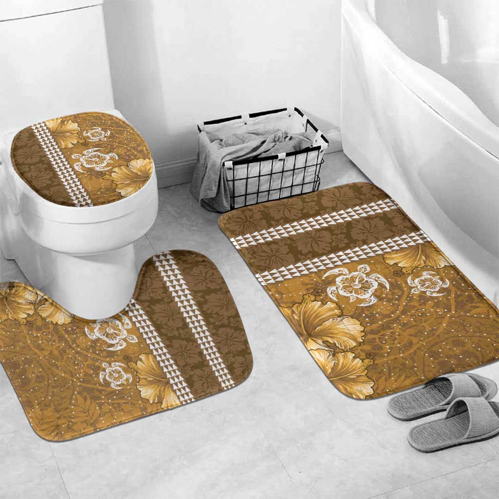Gold Hibiscus Turle Bathroom Set Hawaiian Style Tribal Tapa Pattern LT9 Mat Set Only (3 pcs) One Size Gold - Polynesian Pride