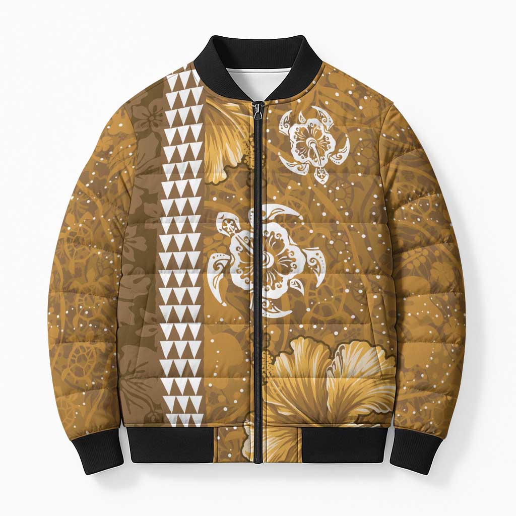 Gold Hibiscus Turle Bomber Puffer Jacket Hawaiian Style Tribal Tapa Pattern LT9 Unisex Gold - Polynesian Pride