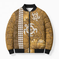 Gold Hibiscus Turle Bomber Puffer Jacket Hawaiian Style Tribal Tapa Pattern LT9 Unisex Gold - Polynesian Pride