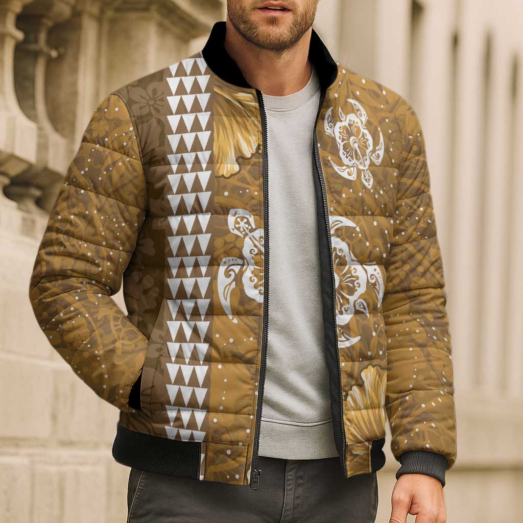 Gold Hibiscus Turle Bomber Puffer Jacket Hawaiian Style Tribal Tapa Pattern LT9 - Polynesian Pride
