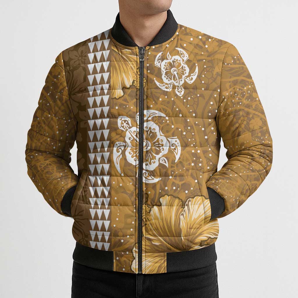 Gold Hibiscus Turle Bomber Puffer Jacket Hawaiian Style Tribal Tapa Pattern LT9 - Polynesian Pride