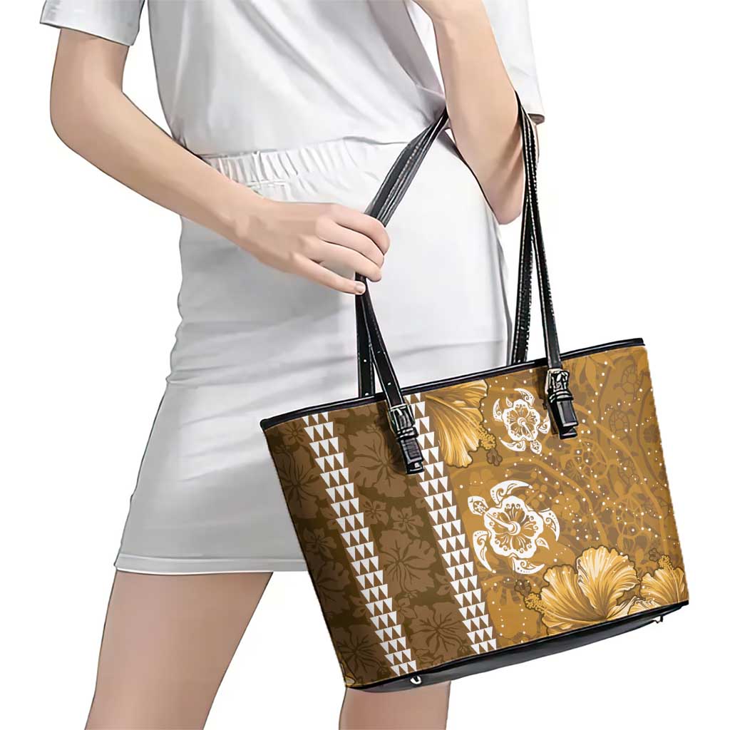 Gold Hibiscus Turle Leather Tote Bag Hawaiian Style Tribal Tapa Pattern LT9 - Polynesian Pride
