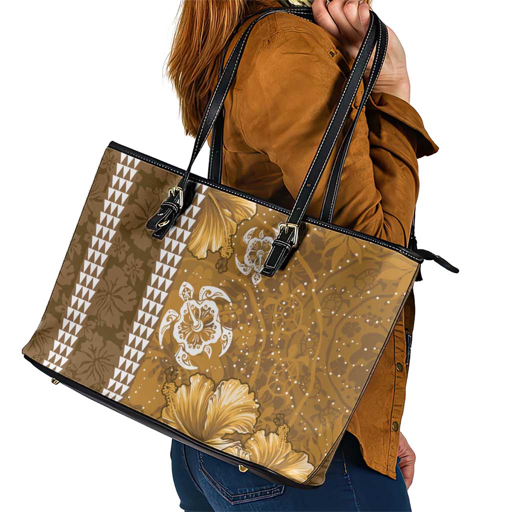 Gold Hibiscus Turle Leather Tote Bag Hawaiian Style Tribal Tapa Pattern LT9 - Polynesian Pride