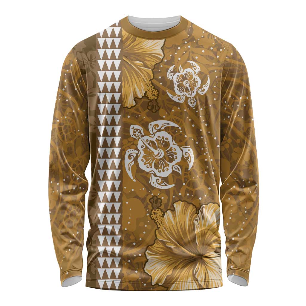 Gold Hibiscus Turle Long Sleeve Shirt Hawaiian Style Tribal Tapa Pattern LT9 Unisex Gold - Polynesian Pride