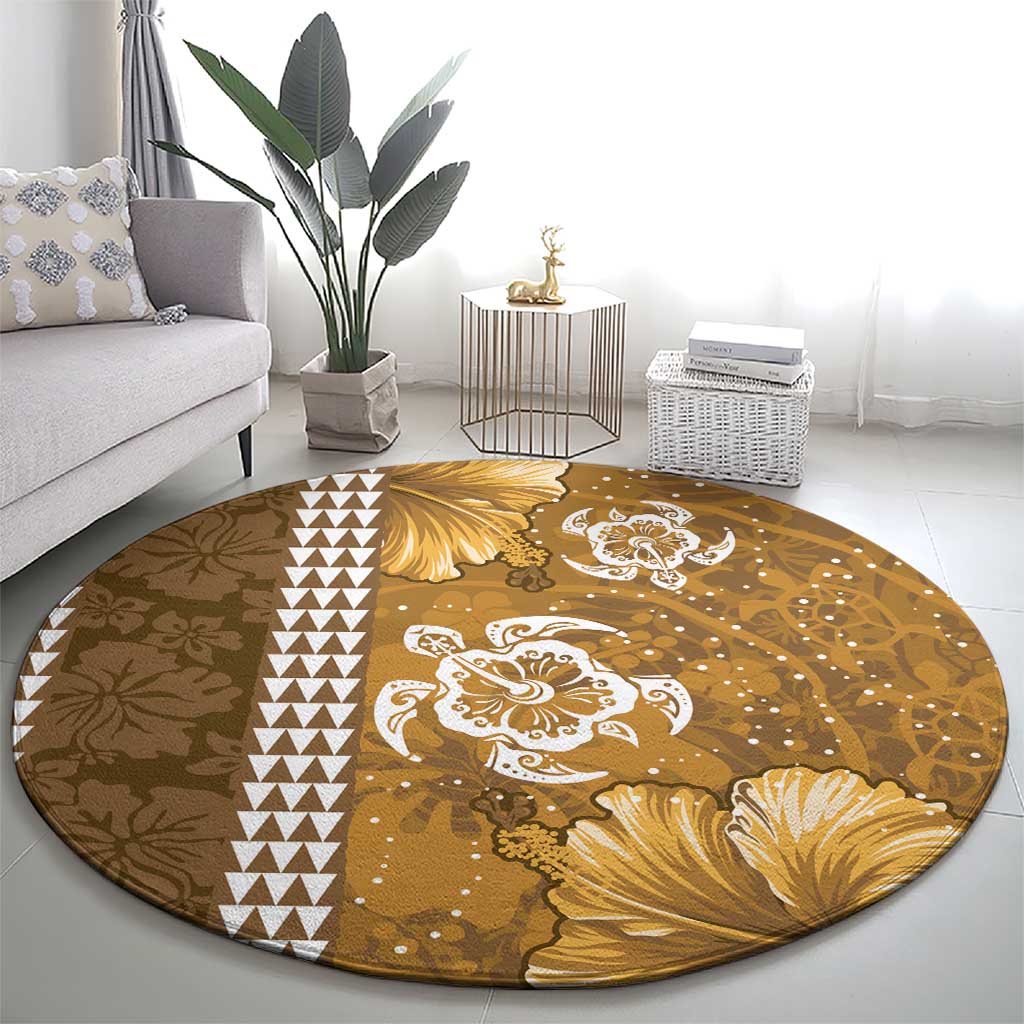 Gold Hibiscus Turle Round Carpet Hawaiian Style Tribal Tapa Pattern LT9 - Polynesian Pride