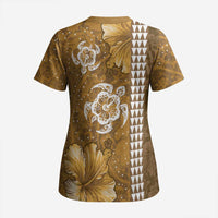 Gold Hibiscus Turle Scrub Top Hawaiian Style Tribal Tapa Pattern LT9 - Polynesian Pride
