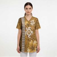 Gold Hibiscus Turle Scrub Top Hawaiian Style Tribal Tapa Pattern LT9 - Polynesian Pride
