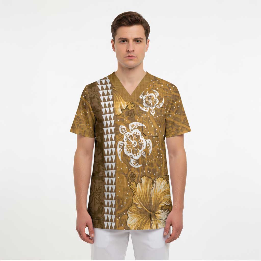 Gold Hibiscus Turle Scrub Top Hawaiian Style Tribal Tapa Pattern LT9 - Polynesian Pride