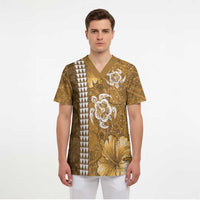 Gold Hibiscus Turle Scrub Top Hawaiian Style Tribal Tapa Pattern LT9 - Polynesian Pride