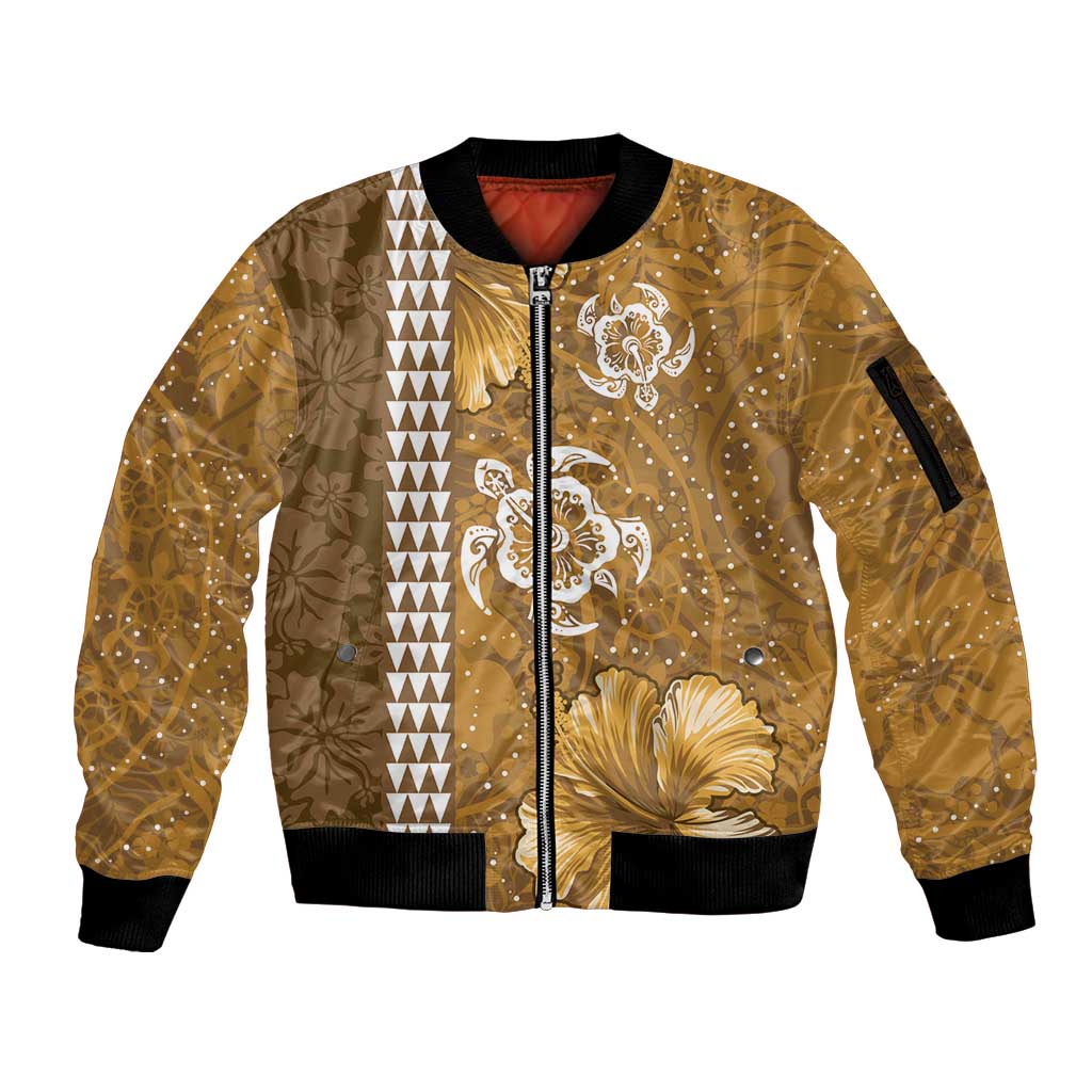 Gold Hibiscus Turle Sleeve Zip Bomber Jacket Hawaiian Style Tribal Tapa Pattern LT9 Unisex Gold - Polynesian Pride