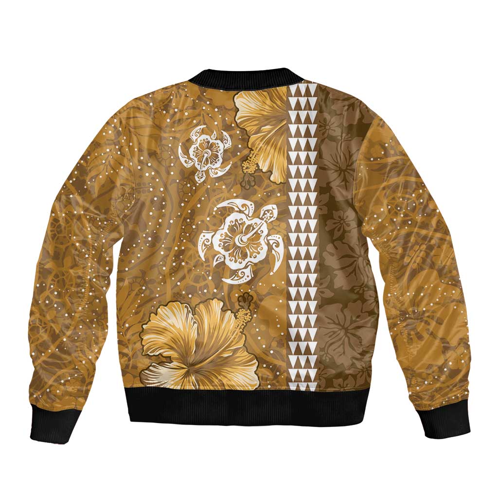 Gold Hibiscus Turle Sleeve Zip Bomber Jacket Hawaiian Style Tribal Tapa Pattern LT9 - Polynesian Pride