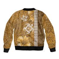 Gold Hibiscus Turle Sleeve Zip Bomber Jacket Hawaiian Style Tribal Tapa Pattern LT9 - Polynesian Pride