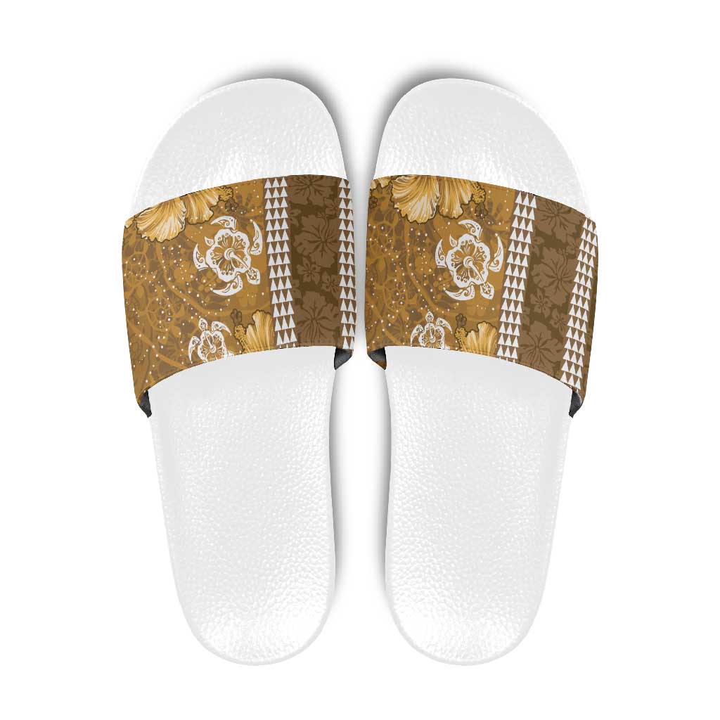 Gold Hibiscus Turle Slide Sandals Hawaiian Style Tribal Tapa Pattern LT9 Gold - Polynesian Pride