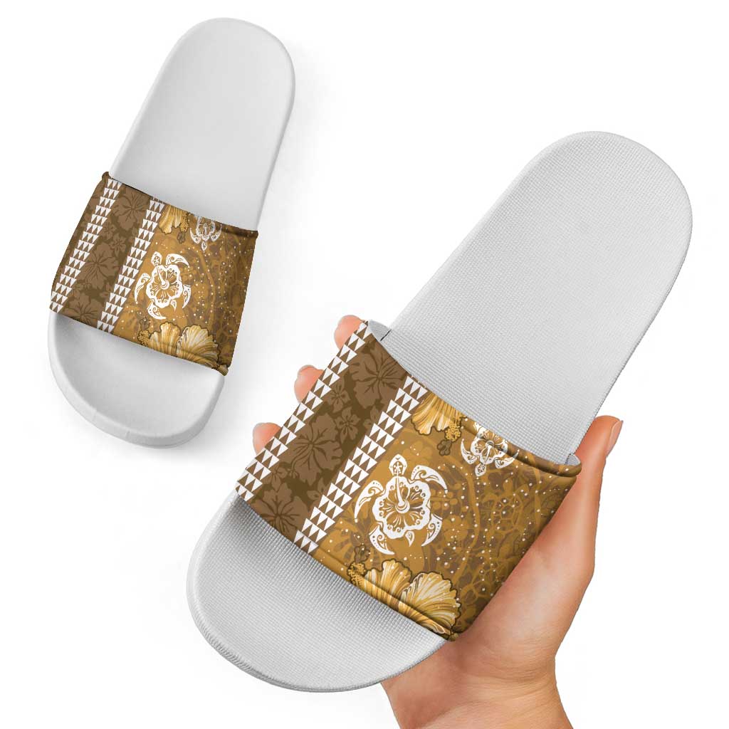 Gold Hibiscus Turle Slide Sandals Hawaiian Style Tribal Tapa Pattern LT9 - Polynesian Pride