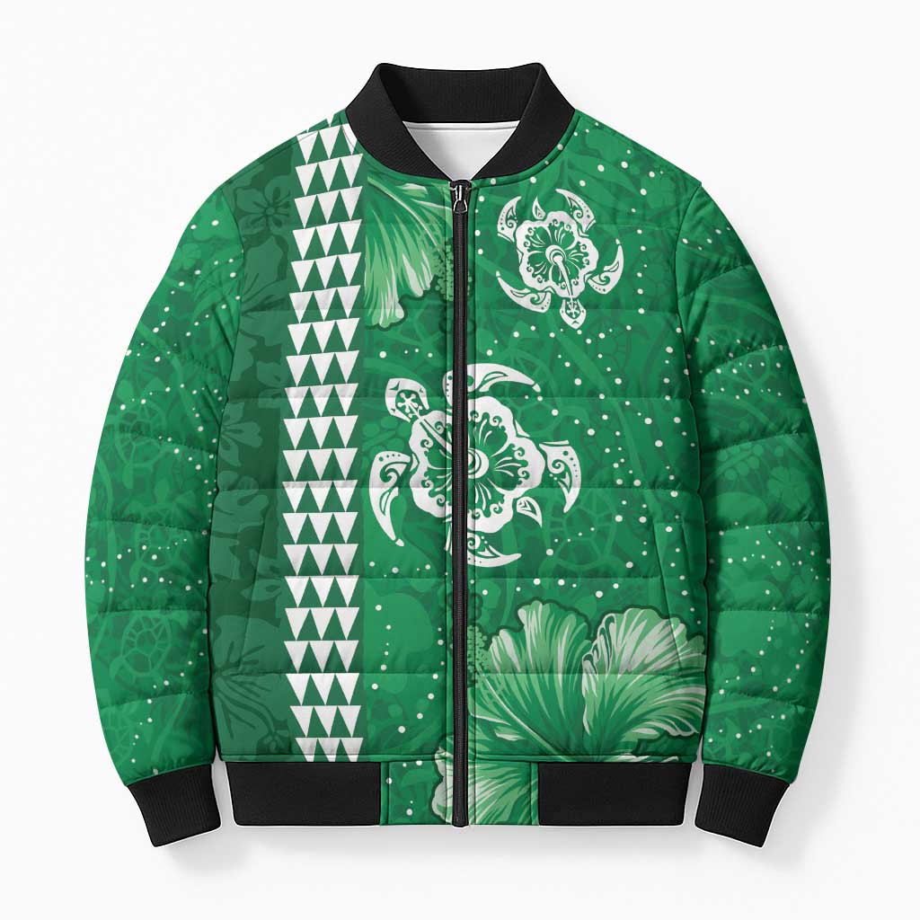 Green Hibiscus Turle Bomber Puffer Jacket Hawaiian Style Tribal Tapa Pattern LT9 Unisex Green - Polynesian Pride
