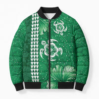 Green Hibiscus Turle Bomber Puffer Jacket Hawaiian Style Tribal Tapa Pattern LT9 Unisex Green - Polynesian Pride