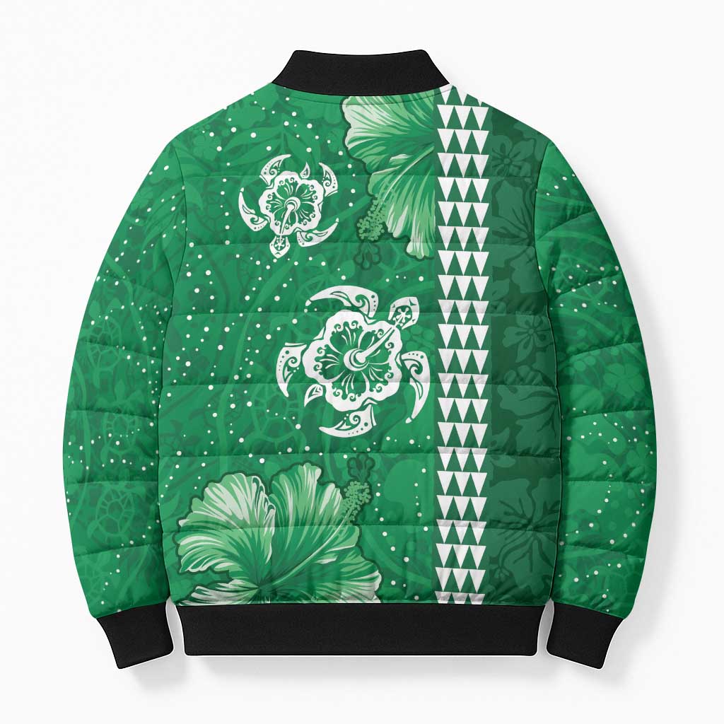 Green Hibiscus Turle Bomber Puffer Jacket Hawaiian Style Tribal Tapa Pattern LT9 - Polynesian Pride