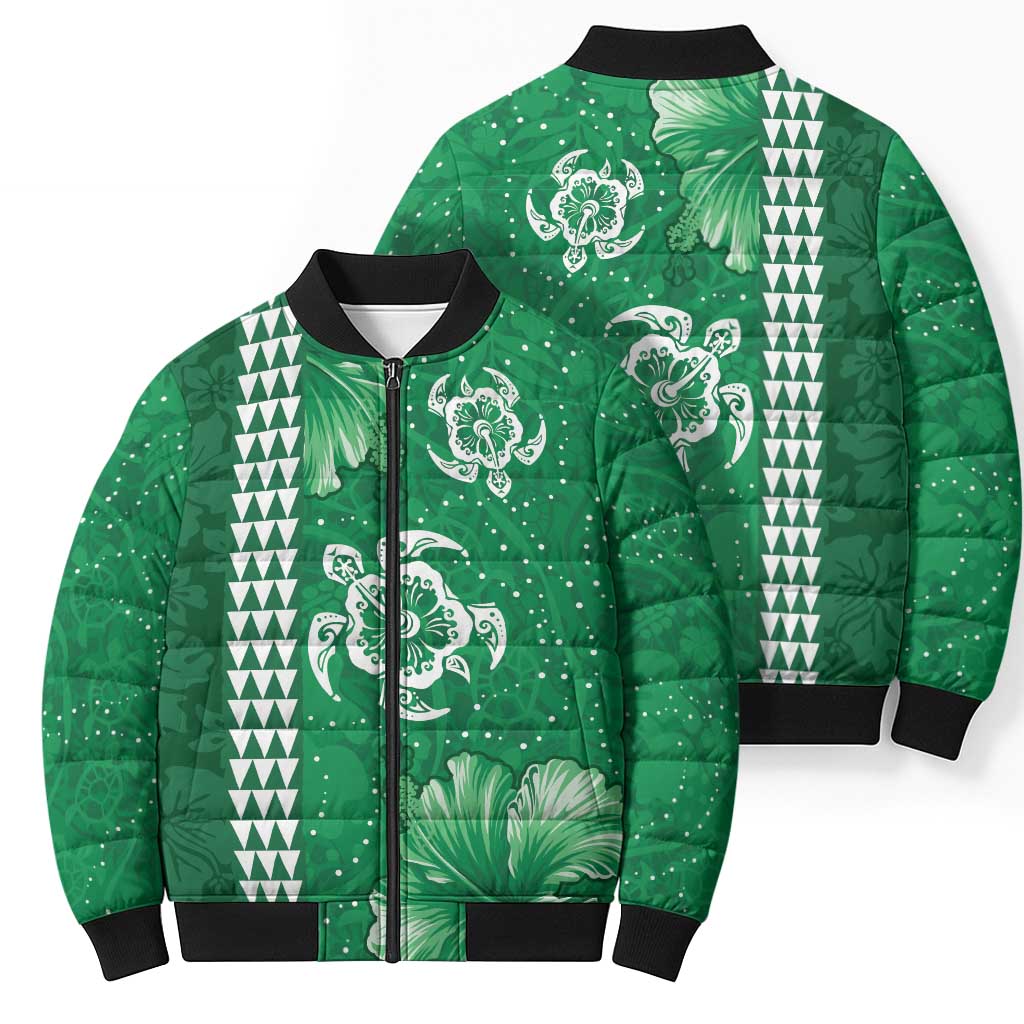 Green Hibiscus Turle Bomber Puffer Jacket Hawaiian Style Tribal Tapa Pattern LT9 - Polynesian Pride
